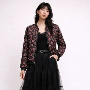 Mango Black Floral Quilted Bomber Jacket Small Romantic Cottagecore